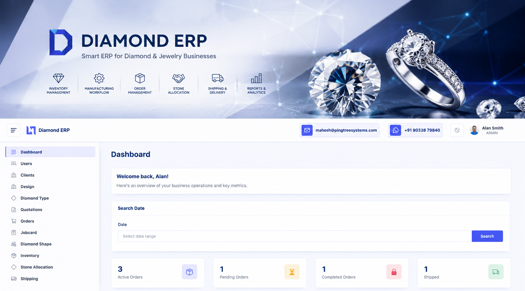 Diamond ERP limited time offer — 1 year free access for diamond, gold and silver Jewellery businesses by Pingtree Systems