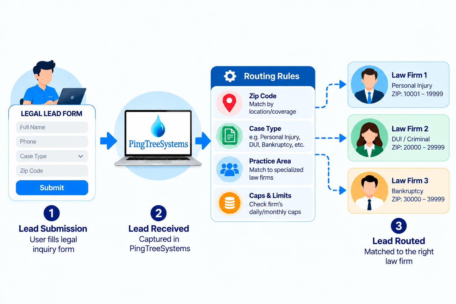 Legal lead routing flow from intake form to matched law firm
